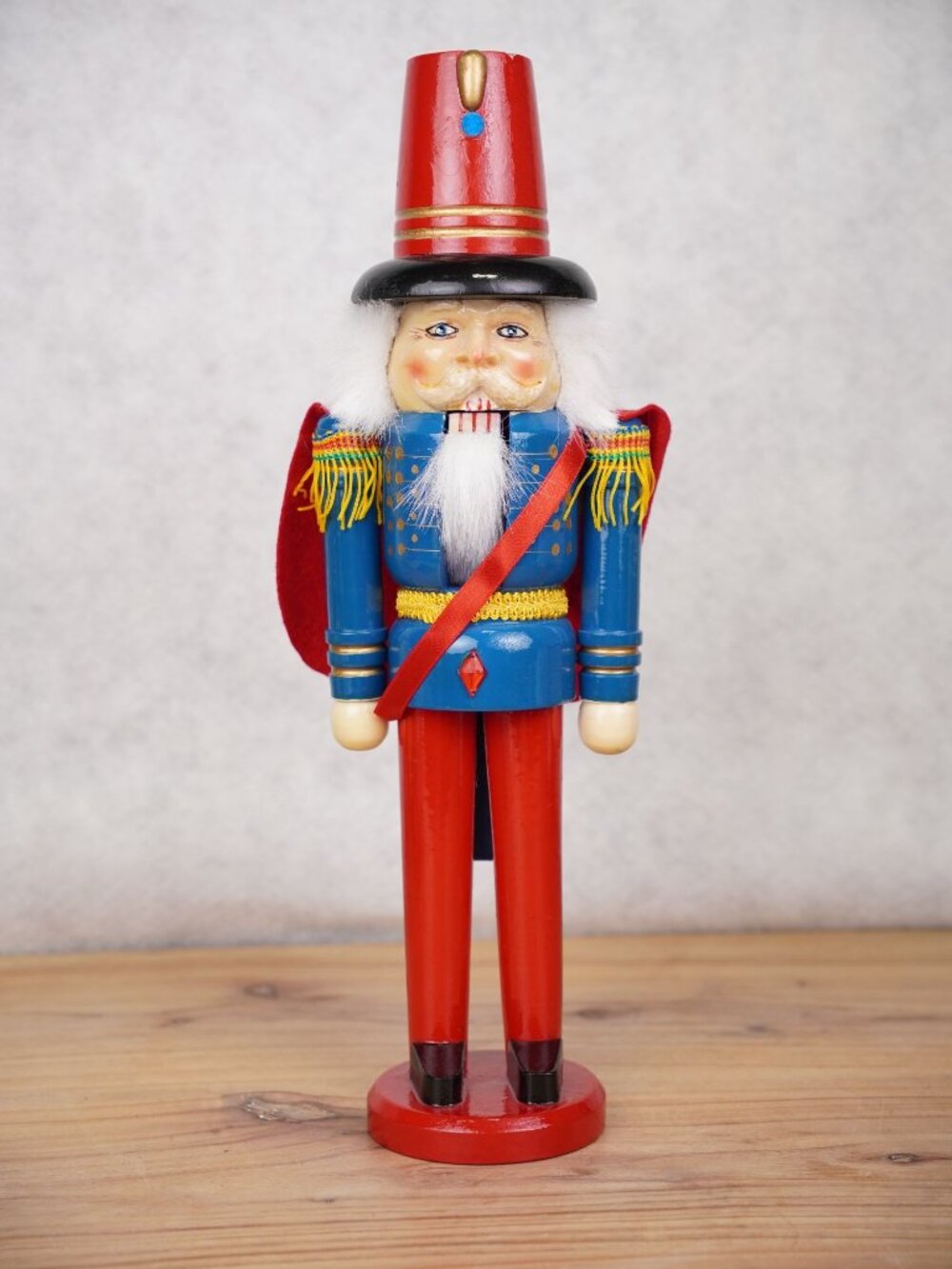 Vintage Wooden Nutcracker Soldier Hand-Painted 15“ Red & Blue Christmas Figurine